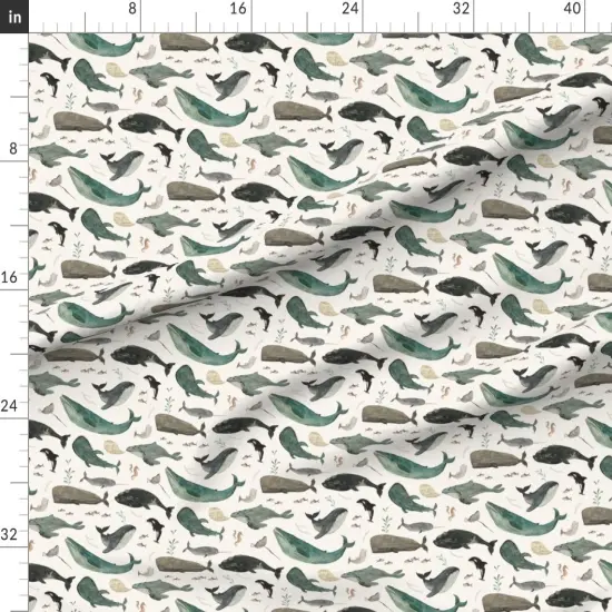 Various Fabrics by the Yard or Fat Quarter Whale Sea Life Ocean Green Charcoal Gray Swimming Nautical Animals Whimsical Beach Watercolor Trendy Custom Printed Fabric by Spoonflower {1}