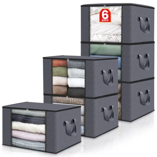 6 Pack Clothes Storage, Foldable Blanket Storage Bags, Storage Containers for Organizing Bedroom, Closet, Clothing, Comforter, Organization and Storage with Lids and Handle, Grey {1}