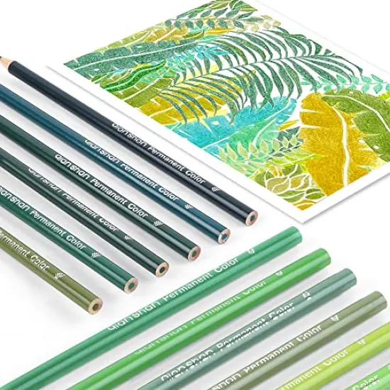 12 Green Colored Pencils Oil Based Pre-sharpened Wooden Colored Pencil Set for Adults Coloring Books Drawing Sketching Art Supplies, No Duplicates {6}