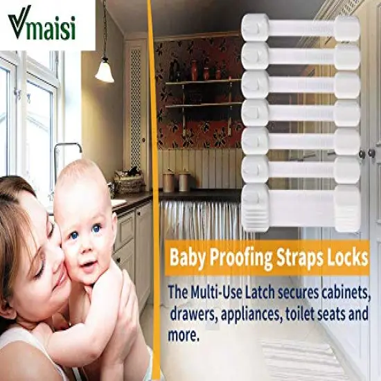 12 Pack Vmaisi Multi-Use Adhesive Straps Locks - Childproofing Baby Proofing Cabinet Latches for Drawers, Fridge, Dishwasher, Toilet Seat, Cupboard, Oven,Trash Can, No Drilling (White) (12) {6}