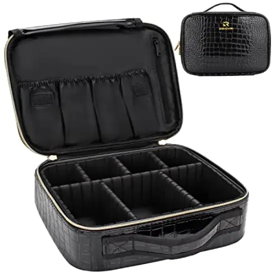 Travel Makeup Case, Train Case Makeup Brush Organizer, Professional Makeup Artist Makeup Organizer, with Adjustable Partition and Shoulder Straps, Train Case Makeup Bag (Crocodile, Small) {1}