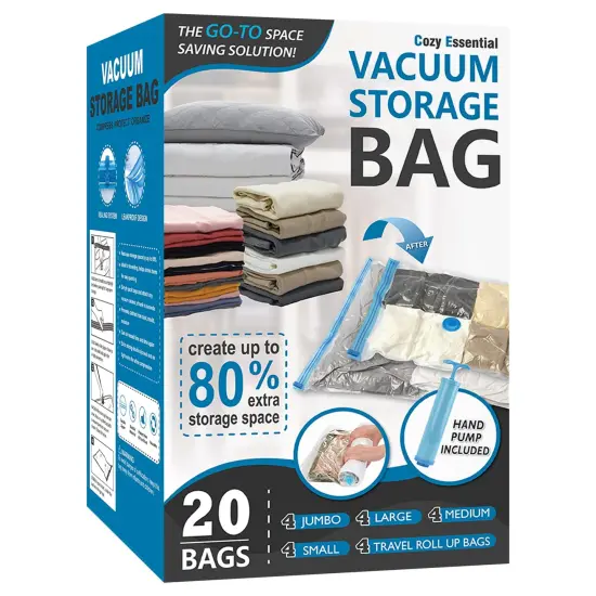 20 Pack Vacuum Storage Bags, Space Saver Bags (4 Jumbo/4 Large/4 Medium/4 Small/4 Roll) Compression Storage Bags for Comforters and Blankets, Vacuum Sealer Bags for Clothes Storage, Hand Pump Included {1}