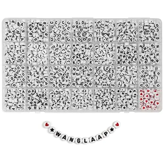 1450 Pieces Letter Beads, Acrylic 4x7mm Round Letter Beads Kits, Alphabet Beads A-Z and Red Heart Black Star Beads for Bracelets Necklaces DIY Jewelry Making (White) {2}