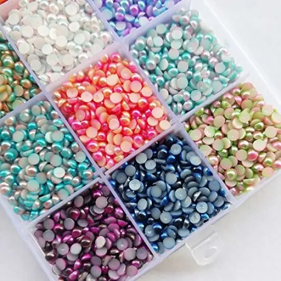 18000 Pieces Assorted 15 Colors Gradient Color Half Flatback Imitation Pearl Bead 3mm Flat Back Gem Scrapbook Craft DIY Beads + Plastic Box {1}