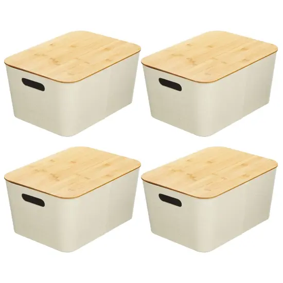 mDesign 10" Soft Fabric Stacking Storage Bin Box and Bamboo Lid Cover, 4 Pack {3}