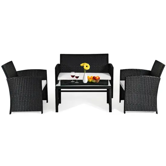 Costway 4PCS Outdoor Patio Rattan Furniture Conversation Set Cushioned Sofa Coffee Table {2}
