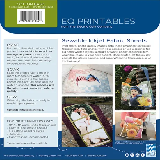 EQ Inkjet Printable Cotton Basic Fabric Sheets 8.5"X11"-6/Pkg {2}