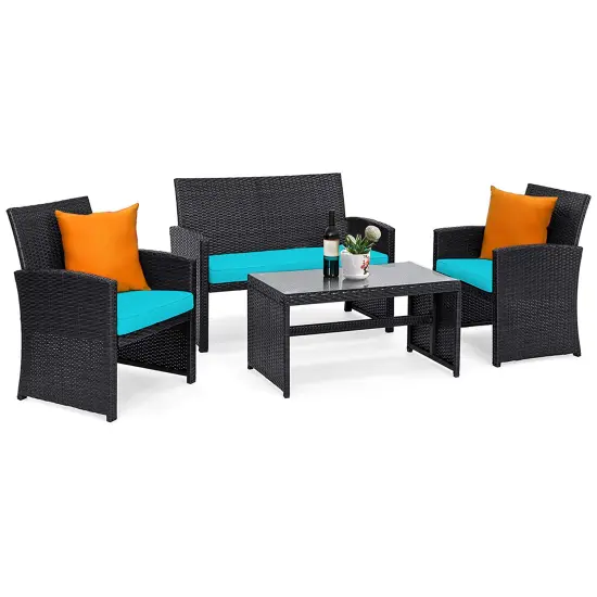 Costway 4PCS Patio Rattan Furniture Conversation Set Cushion Sofa Table Garden Turquoise\Navy {8}