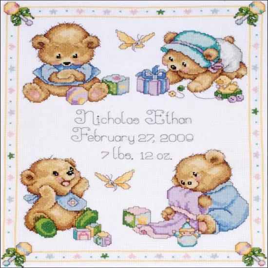 Tobin Counted Cross Stitch Kit 11"x14"-Baby Bears Birth Record {2}