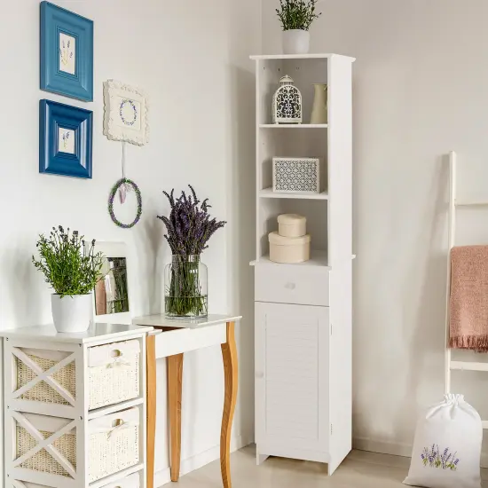 Costway Bathroom Tall Storage Cabinet Freestanding Linen Tower w/ Open Shelves & Drawer {3}