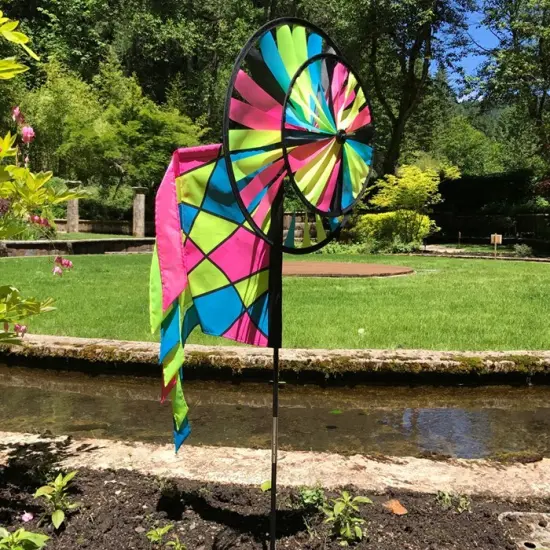 In the Breeze Neon Colorblock Spinner Wheels with Garden Flag and Tails - Ground Stake Included - Colorful Décor for your Yard and Garden {2}