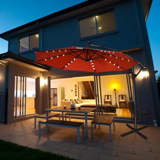 Costway 10FT Patio Offset Umbrella Solar Powered LED 360degrees Rotation Aluminum Beige/Blue/Turquoise/Navy/Orange/Burgundy/Gray {3}