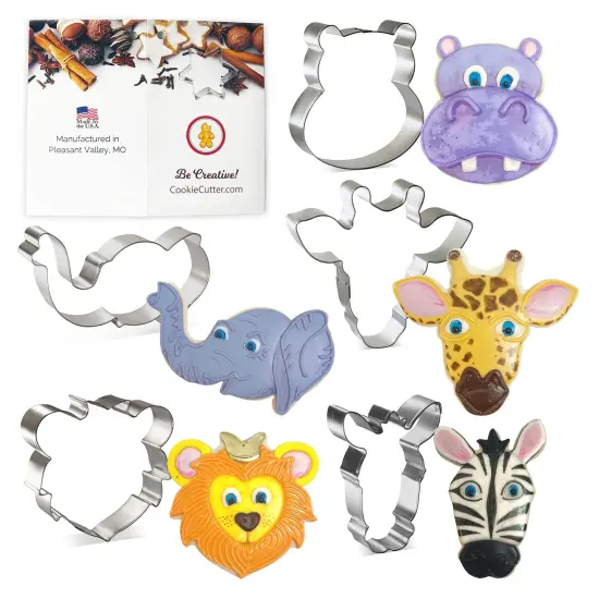 Jungle Safari Animal Faces Cookie Cutter 5 Pc Set, CookieCutter.com, Tin Plated Steel, Handmade in the USA {1}