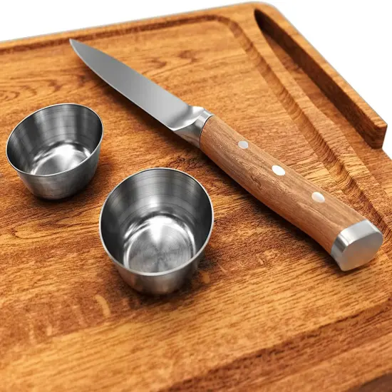 Yukon Glory Premium 100% Acacia Steak Board with Juice Groove, Steak Knife, and Condiment Cups {2}