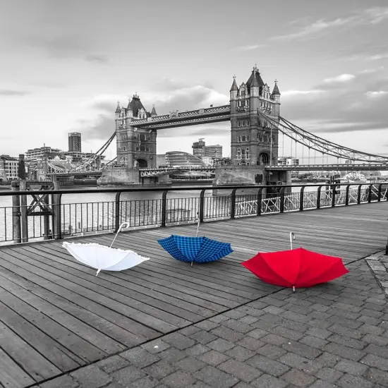 Colorful umbrellas on promenade near Tower bridge, London, UK Poster Print by Assaf Frank - Item # VARPDXAF20150627057C01 {1}
