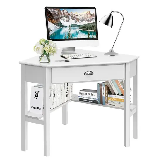 Costway Triangle Computer Desk Corner Office Desk Laptop Table w/ Drawer Shelves Rustic White {1}