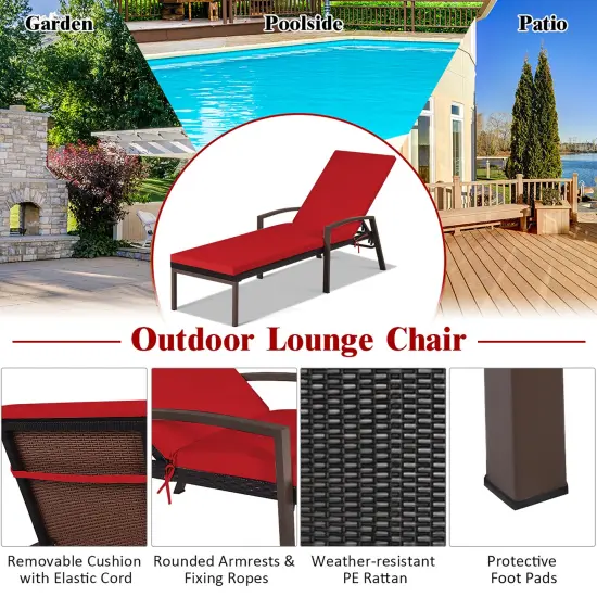 Costway Patio Rattan Lounge Chair Chaise Recliner Back Adjustable Cushioned Outdoor Red {5}
