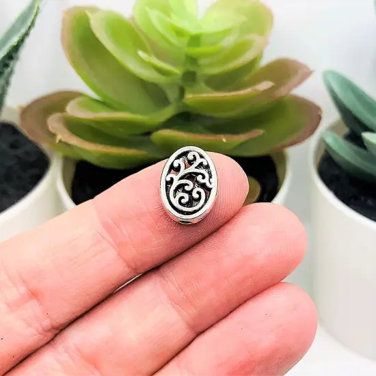 4, 20 or 50 Pieces: Silver Oval Filigree Spacer Charm Beads - Double Sided {3}