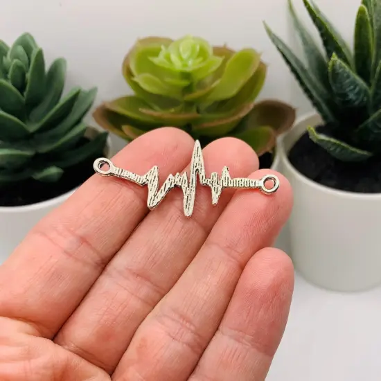 4, 20 or 50 Pieces: Silver EKG Heartbeat Connector Charms {4}