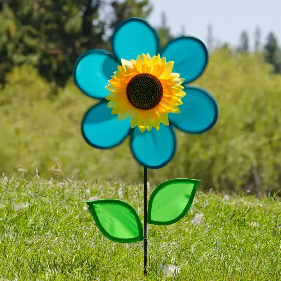 In the Breeze 12 Inch Teal Sunflower Wind Spinner with Leaves - Includes Ground Stake - Colorful Flower for your Yard and Garden {2}