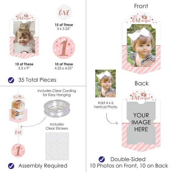 Big Dot of Happiness 1st Birthday Little Miss Onederful - Girl First Birthday Party Vertical Photo Garland 35 Pieces {4}