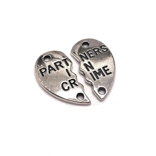 1, 5 or 20 Sets: Silver Partners In Crime Connector Heart BFF Charms {1}
