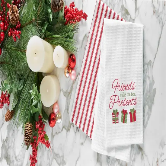 27" x 18" Trio Wrapped Christmas Presents "Friends Are The Best Presents" Embroidered Cotton Waffle Weave Kitchen Dishtowel {3}