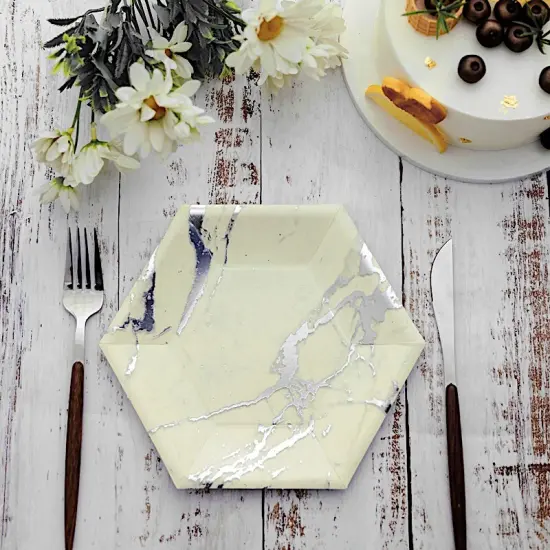 8.5 in Hexagon Marble Design Disposable Paper Salad Plates {4}
