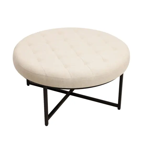 Merrick Lane Almas 34-Inch Round Tufted Cotton Linen Ottoman with Durable Metal Frame Beige {1}