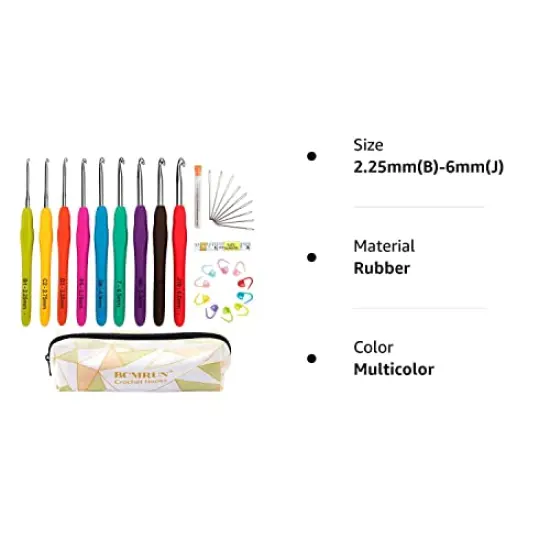 34 Pieces Crochet Hooks Set with Case, BCMRUN 2.25mm(B)-6mm(J) Soft Grip Handles Knitting Needles with Large-Eye Blunt Needles, Stitch Marker, Tape Measure, Crochet Needles Kit for Arthritic Hands {1}