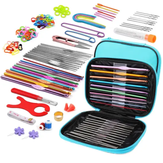 110 Pieces Crochet Hooks Set, Crochet Kit Crochet Hooks Kit with Storage Case, Ergonomic Knitting Needles Blunt Needles Stitch Marker DIY Hand Knitting Craft Art Tools for Beginners-Blue {2}
