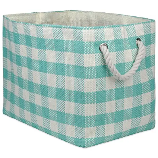 Woven Paper Storage Bin, Checkers, Aqua, Medium Rectangle {2}