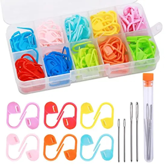 124 Pieces Stitch Markers for Crocheting, Colorful Knitting Markers Crochet Clips with 4 Pcs Big Eyes Sewing Needles, 10 Colors Stitch Locking Clip with Storage Box {3}