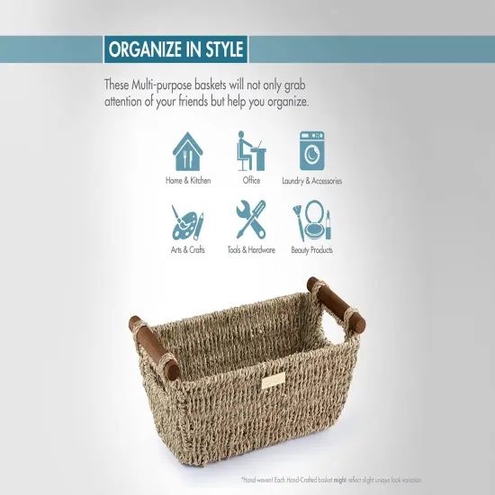 Seagrass Hand Woven Basket with Stain Resistant Polished Wooden Handles, Toilet paper Storage Wicker Baskets 12 inches Length, 6.29 inches Width, 4.25 inches Height, Natural {1}