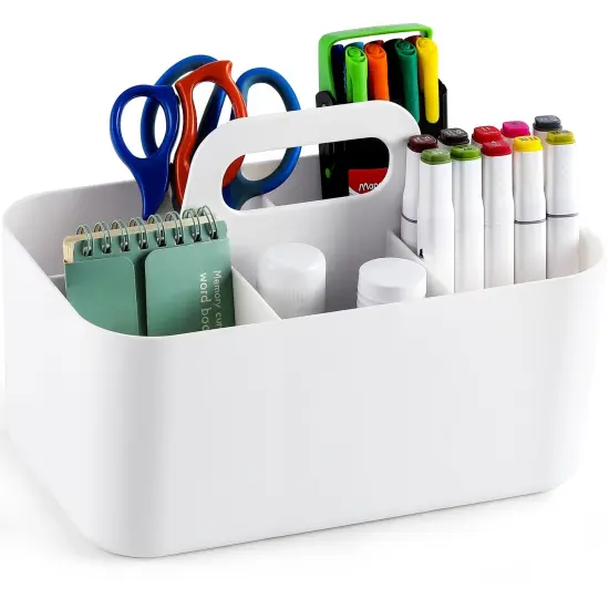 Multiuse Caddy Organizer with Handle - Stackable Plastic Bin Basket - Divided Storage Tote Holder for Art Craft Supplies, Makeup, Bathroom, Shower, Cleaning, Kitchen, Office, Dorm, Desktop - White {4}