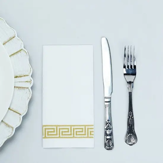 20 White Gold Airlaid Paper Napkins Metallic Greek Design {4}