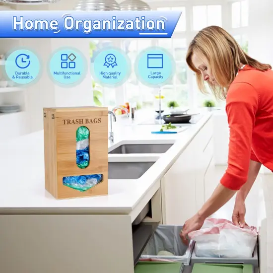 Trash Bag Holder Grocery Bag Holder Bamboo Garbage Bag Holder Wall Mounted Double Easy-Access Opening for Home Kitchen Cabinet Organization (Bamboo color) {4}