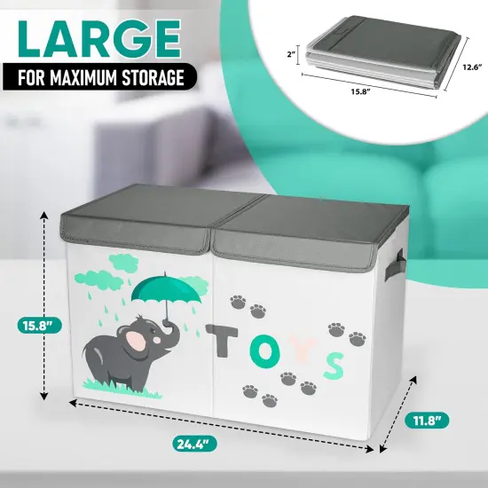 2 Pieces Large Toy Box - Lightweight Collapsible Sturdy Toy Storage Chest w/Flip-Top Lid & Handles (24.5" x 12" x 16") (Dog & Elephant) {2}