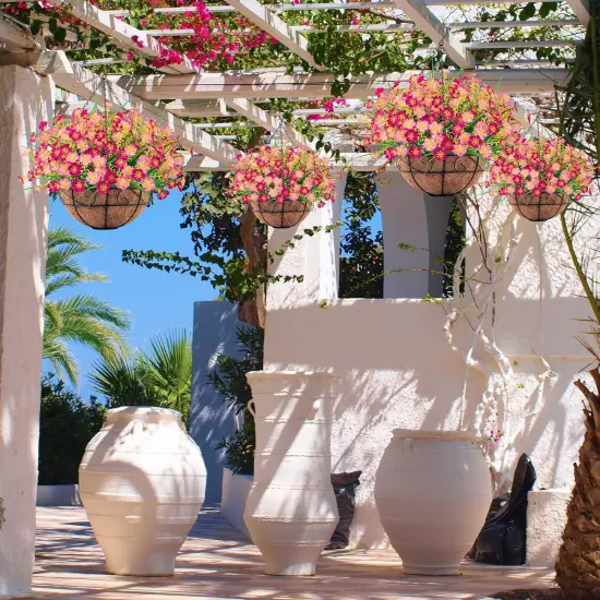 Everlasting Spring Charm: Artificial Hanging Flowers with Coconut-Lined Basket Pink {3}