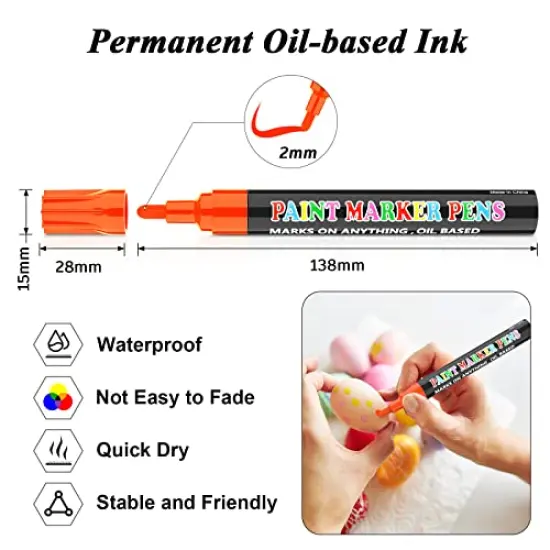12 Colors Paint Pen Paint Markers, Oil-Based Waterproof Marker Pens, Permanent Fabric Paint Quick Dry Marker for Metal, Egg, Tire, Rock, Wood, Canvas, Plastic, Glass, Engineer, DIY Craft {6}