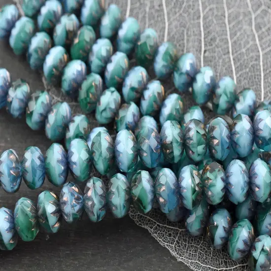 *15* 7x10mm Bronze Washed Blended Caribbean Turquoise Cruller Rondelle Beads {1}