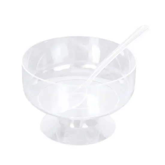 24 Clear 6 oz Disposable Footed Plastic Dessert CUPS SPOONS {1}
