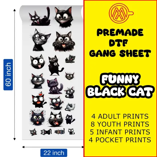 Funny Black Cat Direct-to-Film DTF Transfer Gang Sheets - 22x60 {1}