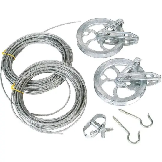 Lehman's Complete Clothesline Set, Stranded Metal Wire Clothes Line, Zinc Pulleys and Ratcheting Tightener with Mounting Instructions {1}