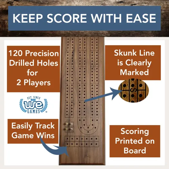 WE Games Classic Cribbage Set - Solid Wood Continuous 2 Track Board with Metal Pegs {3}