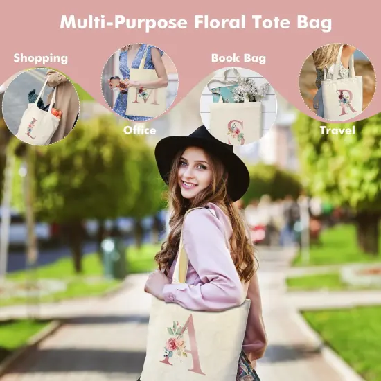Initial Canvas Tote Bag with Zipper Pockets,Personalized Totes for Women Bridesmaids Teacher,Cosmetic Makeup Bag,Monogrammed Gifts for Wedding Birthday (Letter A) {5}