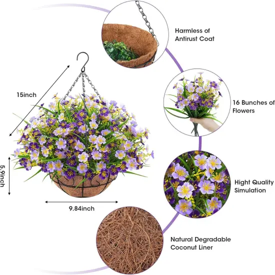 Everlasting Spring Charm: Artificial Hanging Flowers with Coconut-Lined Basket Purple {6}