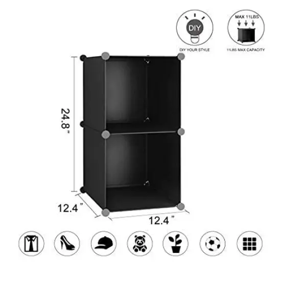 Cube Storage, 2-Cube Organizer Units, Plastic Closet Storage Shelves, DIY Book Shelf, Modular Bookcase, Cabinet Ideal for Bedroom, Living Room, Home Office, 12.4" L x 12.4" W x 24.8" H Black {1}