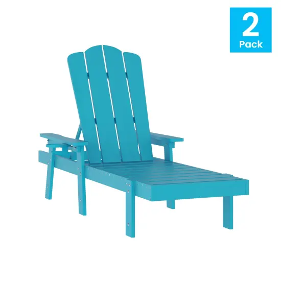 Merrick Lane Solvang Set of 2 Indoor/Outdoor Adjustable Adirondack Loungers with Fold Out Cupholders- Recycled All-Weather Indoor/Outdoor HDPE Lounge Chairs Blue {6}