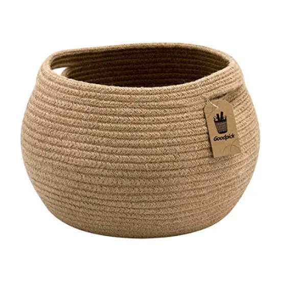 Cute Round Basket - Cotton Rope Jute Baskets in Living Room Woven Towel Basket Bedroom Storage Bakset for Children Corner Plant Basket Indoor, Jute, 10" D x 8.3" H {2}